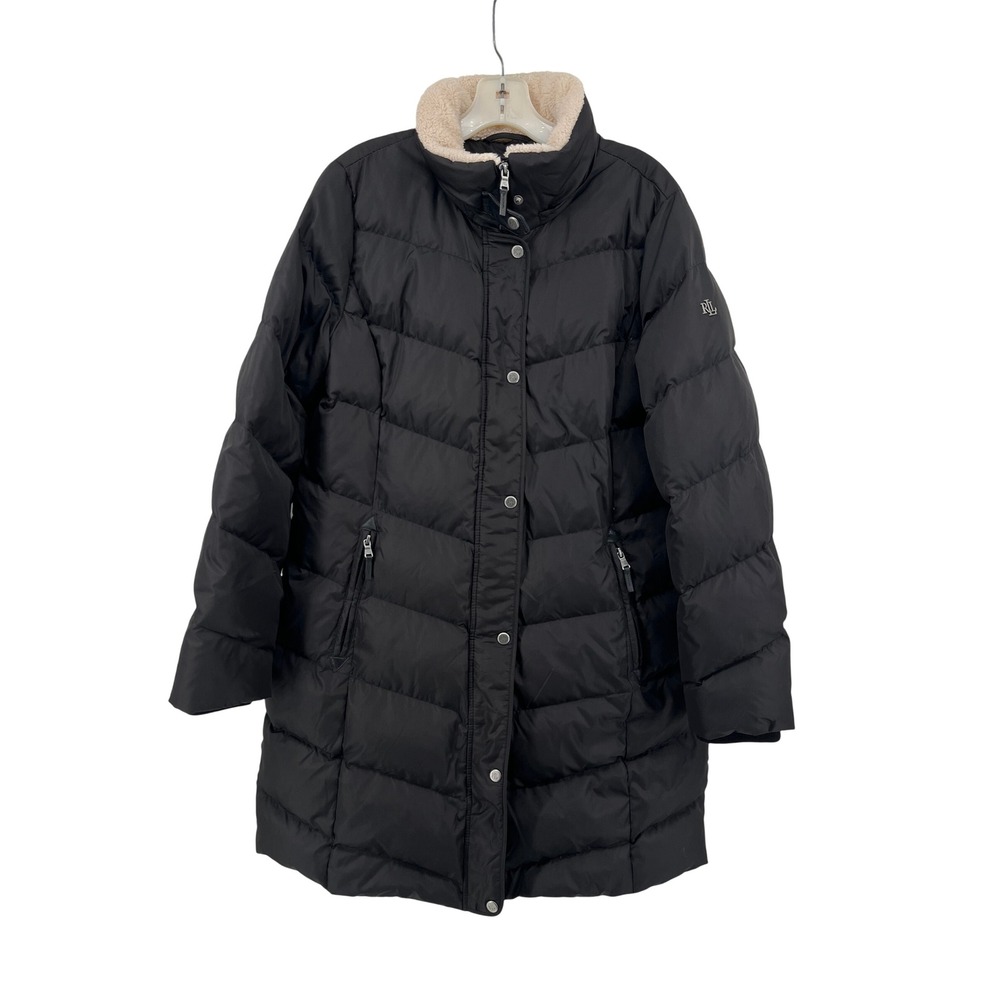 Lauren Ralph Lauren Black Down Puffer Coat Faux Shearling‎ Collar Women Large L